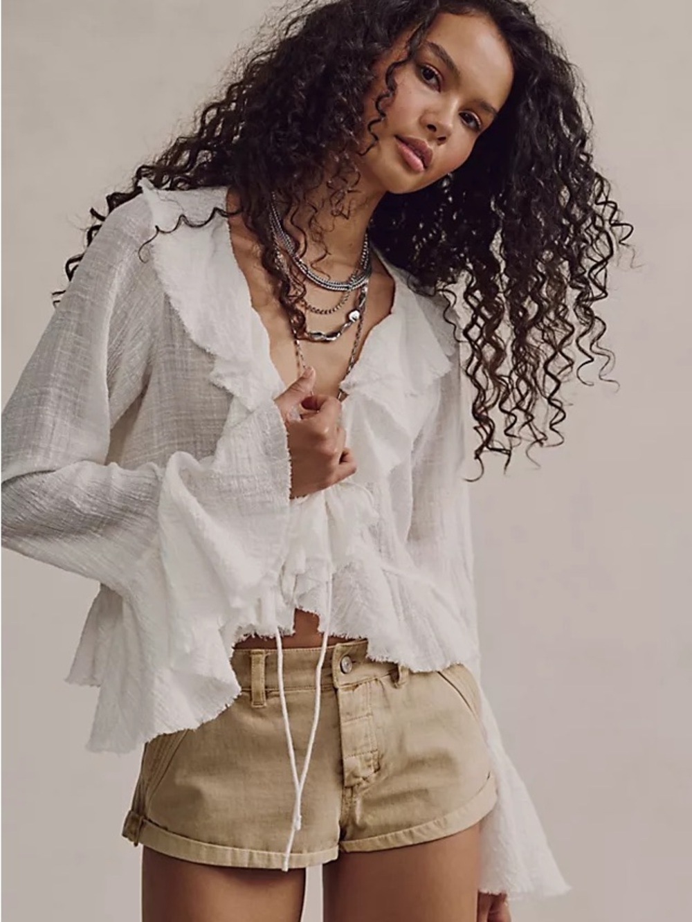 NWT 100% Cotton 12th Tribe White Ruffle Tie-Front Blouse Size Large